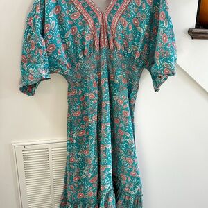 Natural Life Floral Teal & Coral V-Neck Dress with Cinched Waist & Wide Sleeves